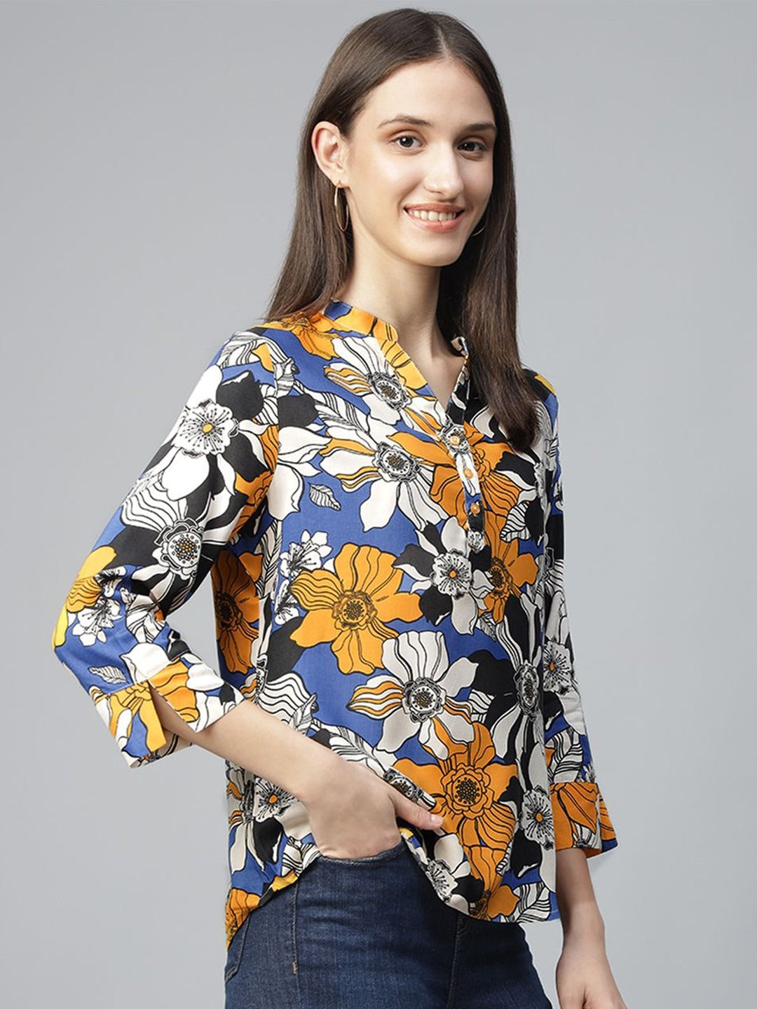 Hancock Women Blue-Mustard Printed Viscose Rayon Regular Fit Formal Top