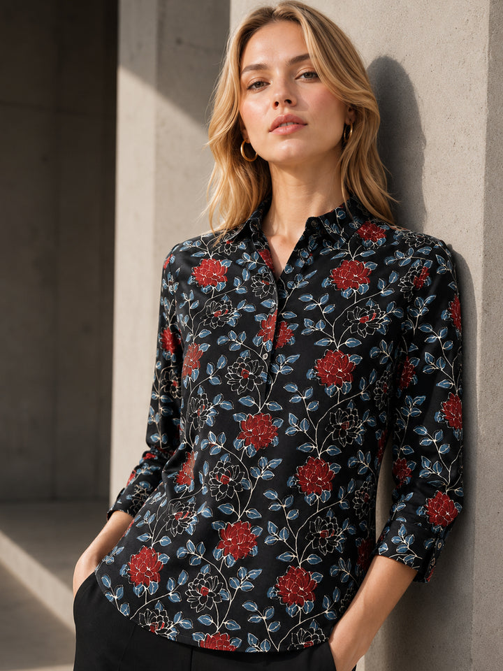 Hancock Women Black Printed Pure Cotton Regular Fit Formal Top