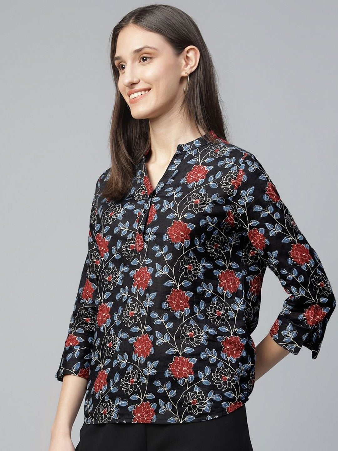 Hancock Women Black Printed Pure Cotton Regular Fit Formal Top