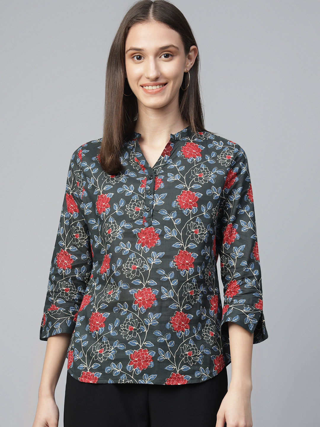 Hancock Women Bottle Green Printed Pure Cotton Regular Fit Formal Top