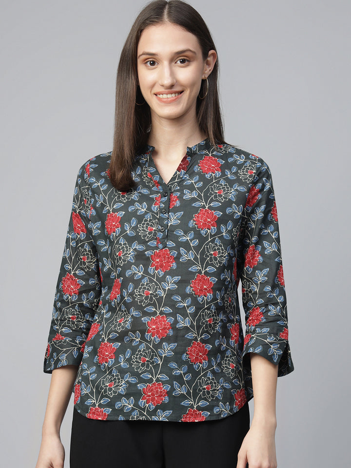 Hancock Women Bottle Green Printed Pure Cotton Regular Fit Formal Top