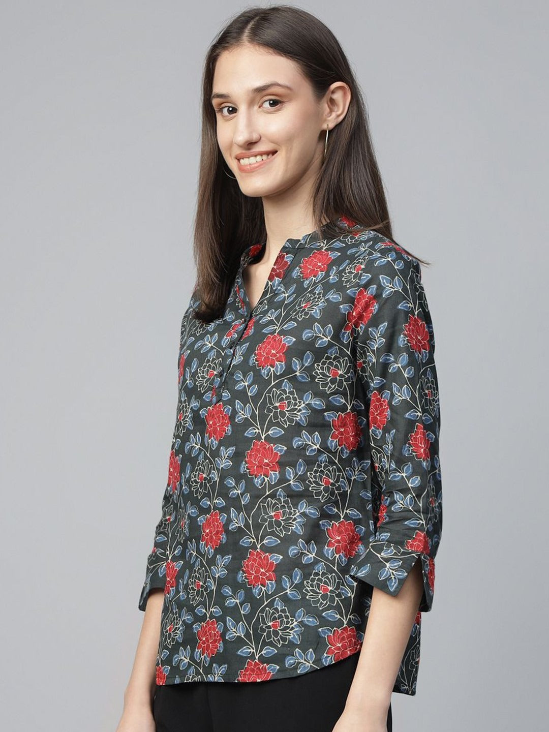 Hancock Women Bottle Green Printed Pure Cotton Regular Fit Formal Top