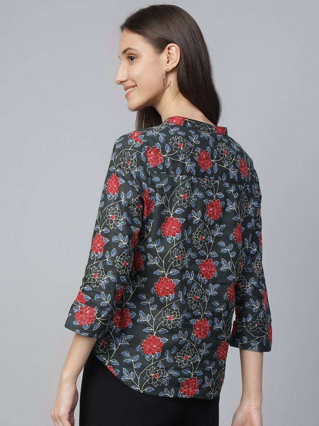 Hancock Women Bottle Green Printed Pure Cotton Regular Fit Formal Top