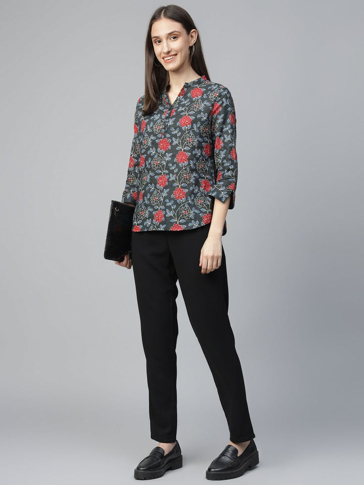 Hancock Women Bottle Green Printed Pure Cotton Regular Fit Formal Top