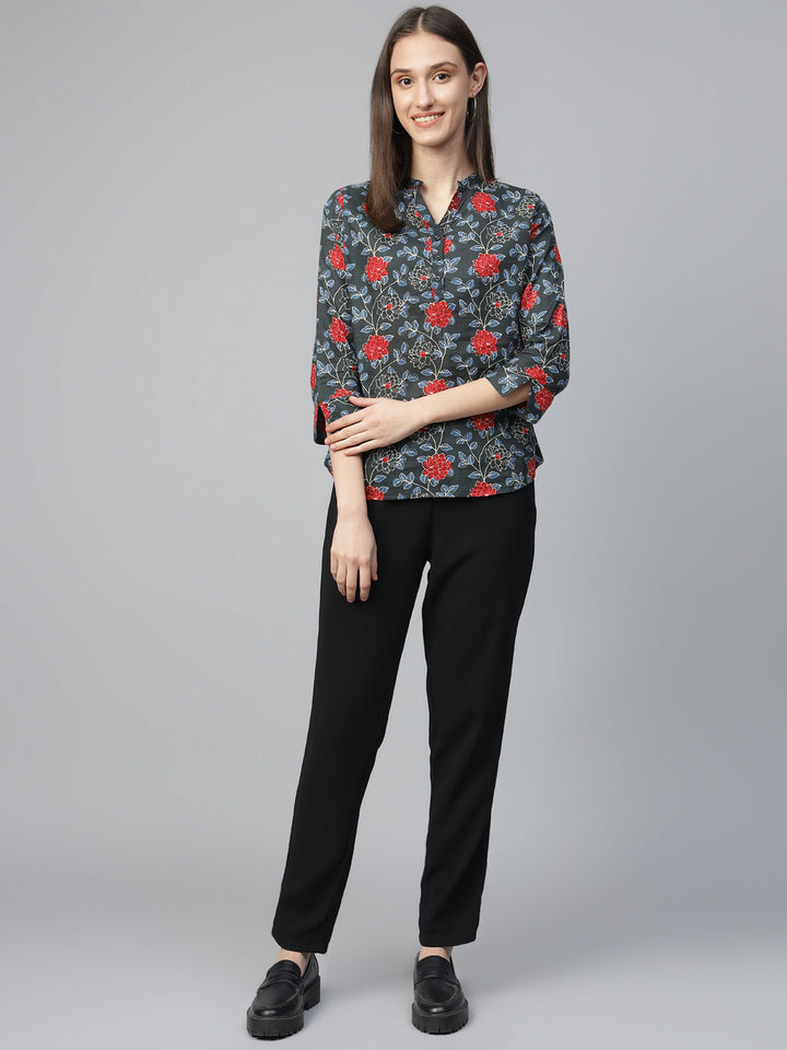 Hancock Women Bottle Green Printed Pure Cotton Regular Fit Formal Top