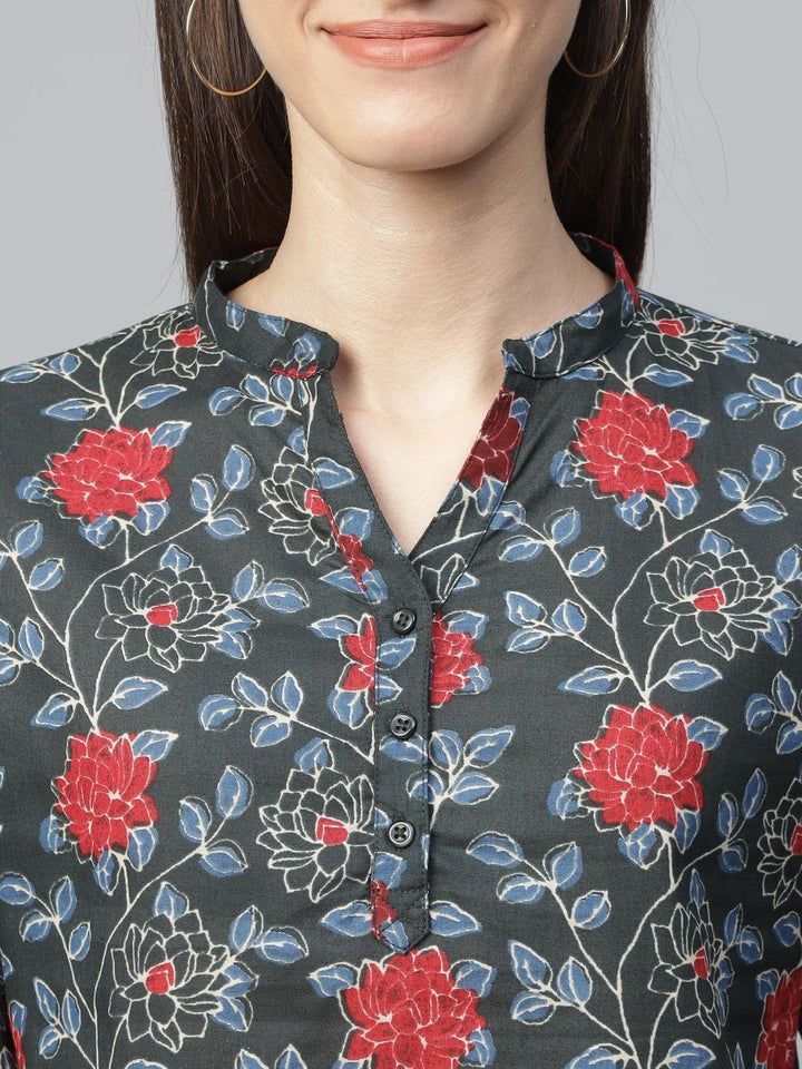 Hancock Women Bottle Green Printed Pure Cotton Regular Fit Formal Top