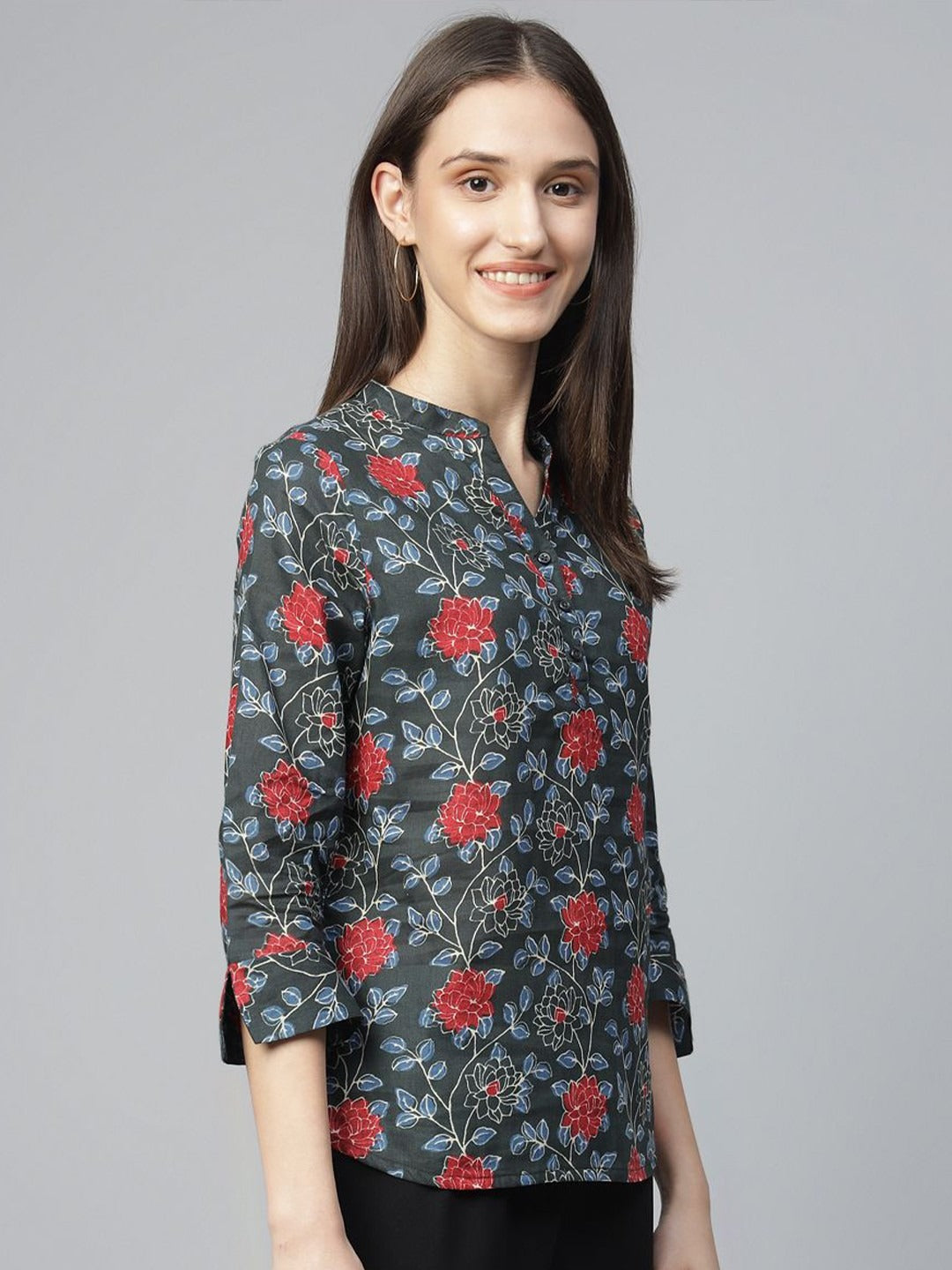 Hancock Women Bottle Green Printed Pure Cotton Regular Fit Formal Top