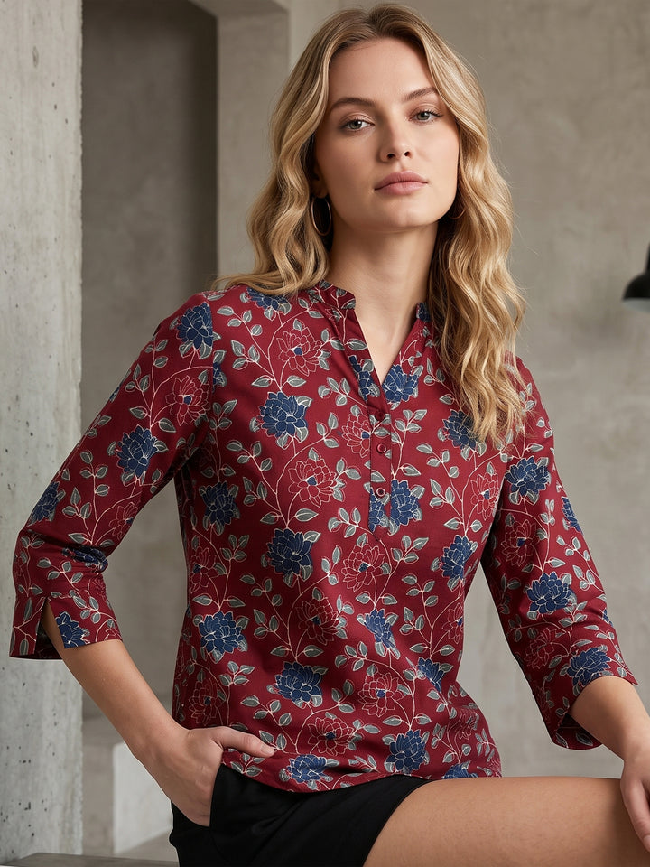 Hancock Women Maroon Printed Pure Cotton Regular Fit Formal Top