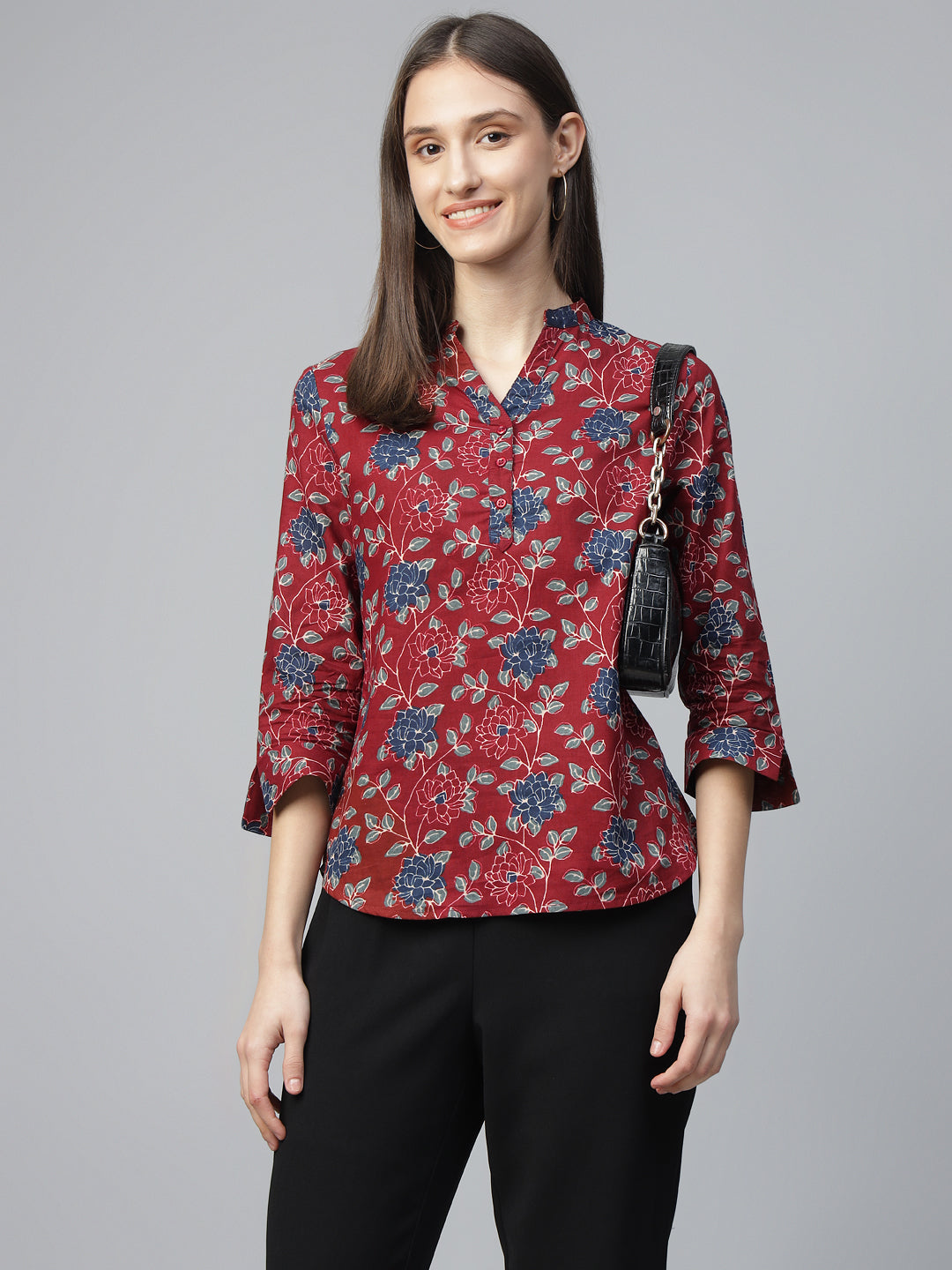 Hancock Women Maroon Printed Pure Cotton Regular Fit Formal Top