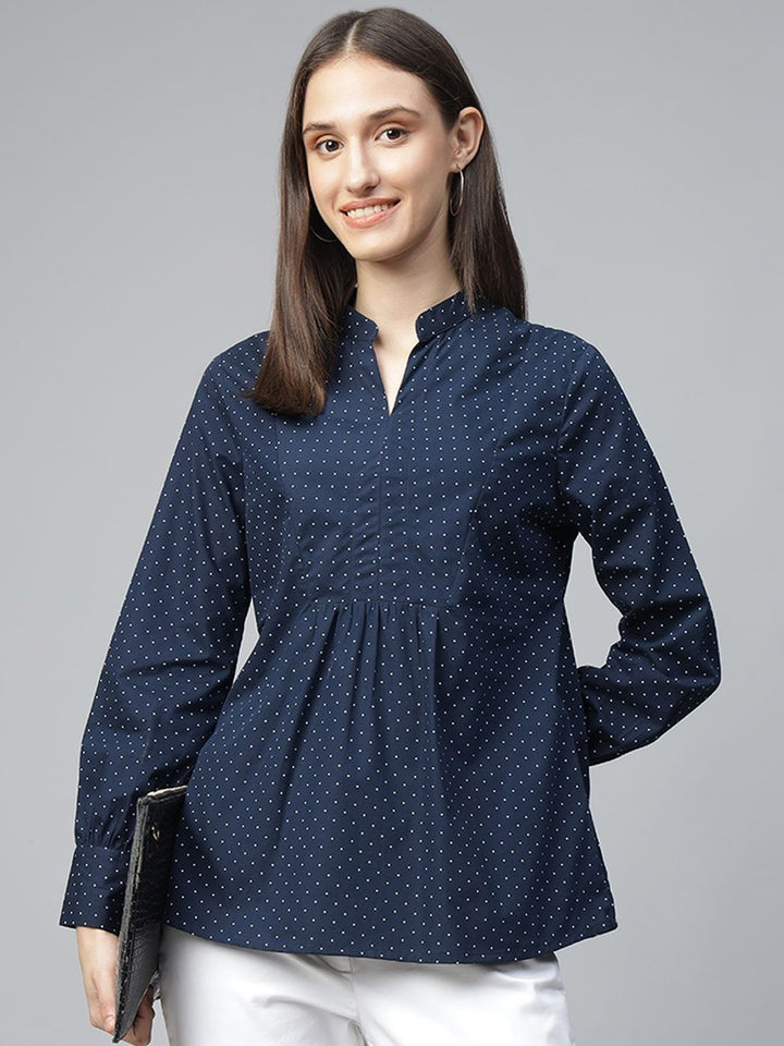 Hancock Women Navy Blue Printed Pure Cotton Regular Fit Formal Top