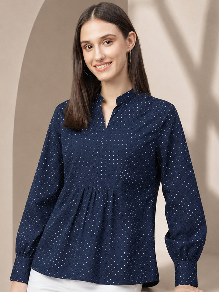Women Navy Blue Printed Pure Cotton Regular Fit Formal Top