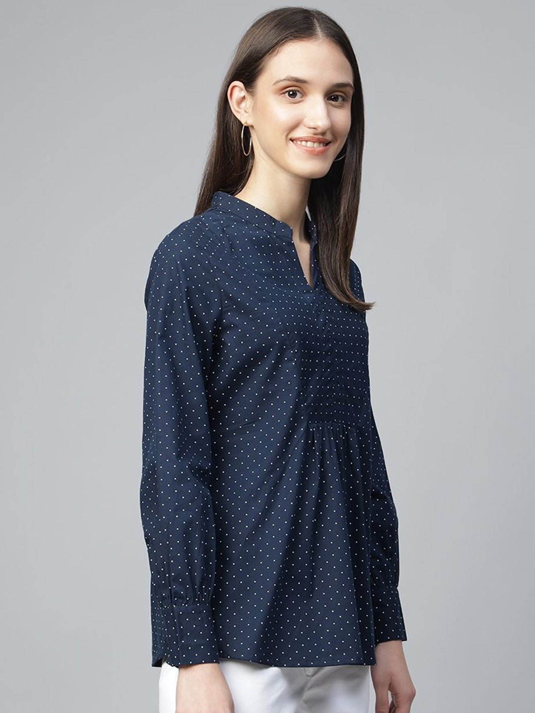 Hancock Women Navy Blue Printed Pure Cotton Regular Fit Formal Top