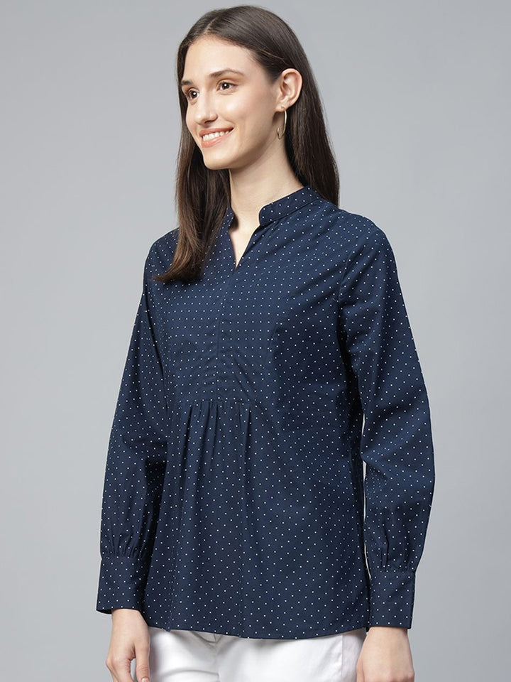 Hancock Women Navy Blue Printed Pure Cotton Regular Fit Formal Top