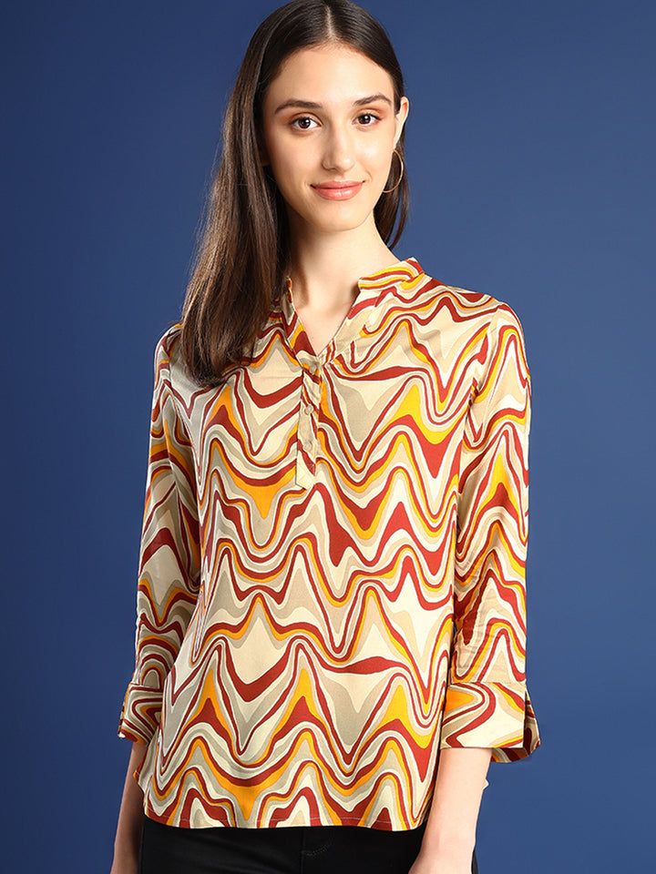 Hancock Women Cream-Mustard Printed Viscose Rayon Regular Fit Formal Top