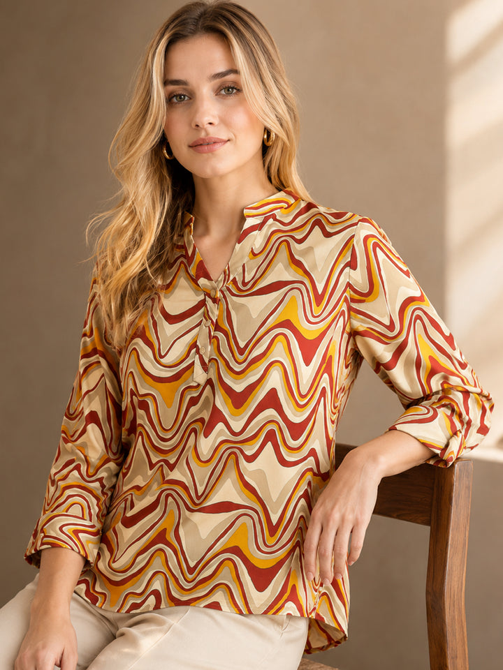 Hancock Women Cream-Mustard Printed Viscose Rayon Regular Fit Formal Top