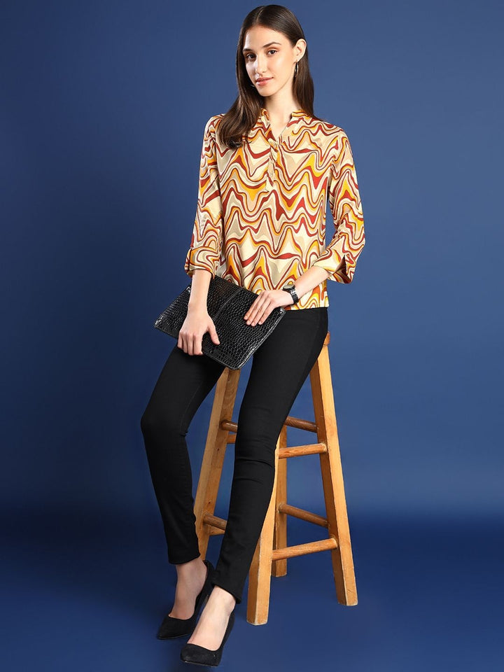 Hancock Women Cream-Mustard Printed Viscose Rayon Regular Fit Formal Top