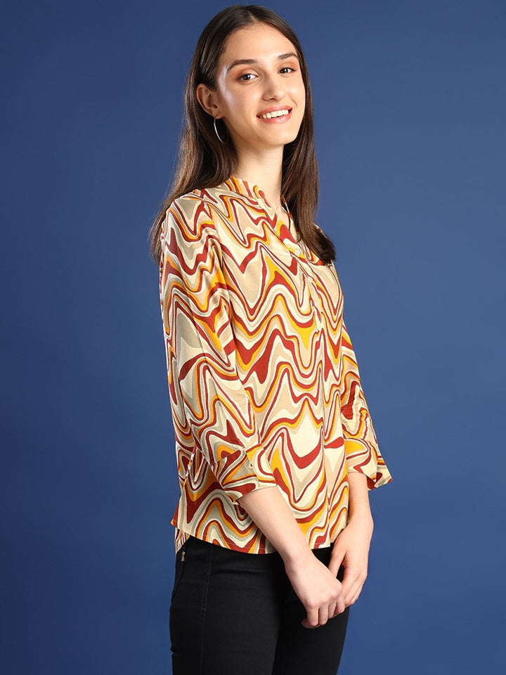 Hancock Women Cream-Mustard Printed Viscose Rayon Regular Fit Formal Top