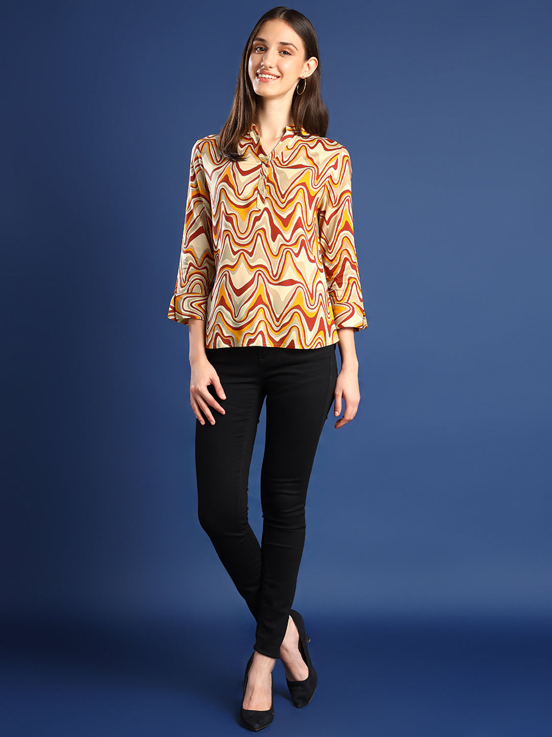 Hancock Women Cream-Mustard Printed Viscose Rayon Regular Fit Formal Top