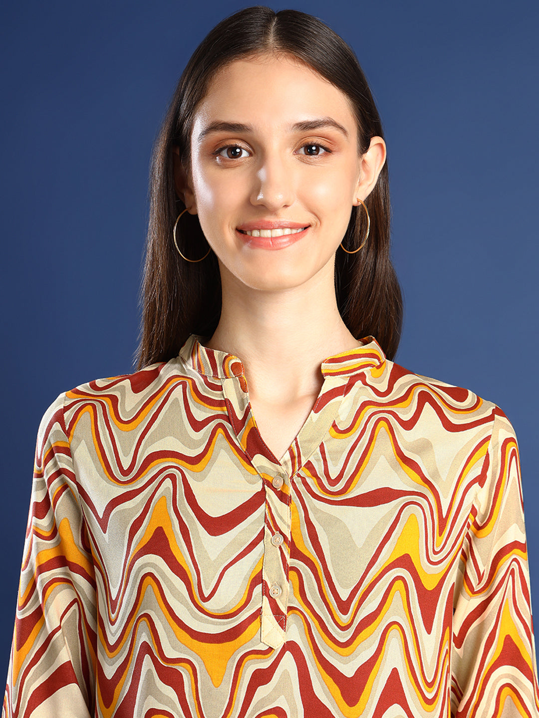 Hancock Women Cream-Mustard Printed Viscose Rayon Regular Fit Formal Top