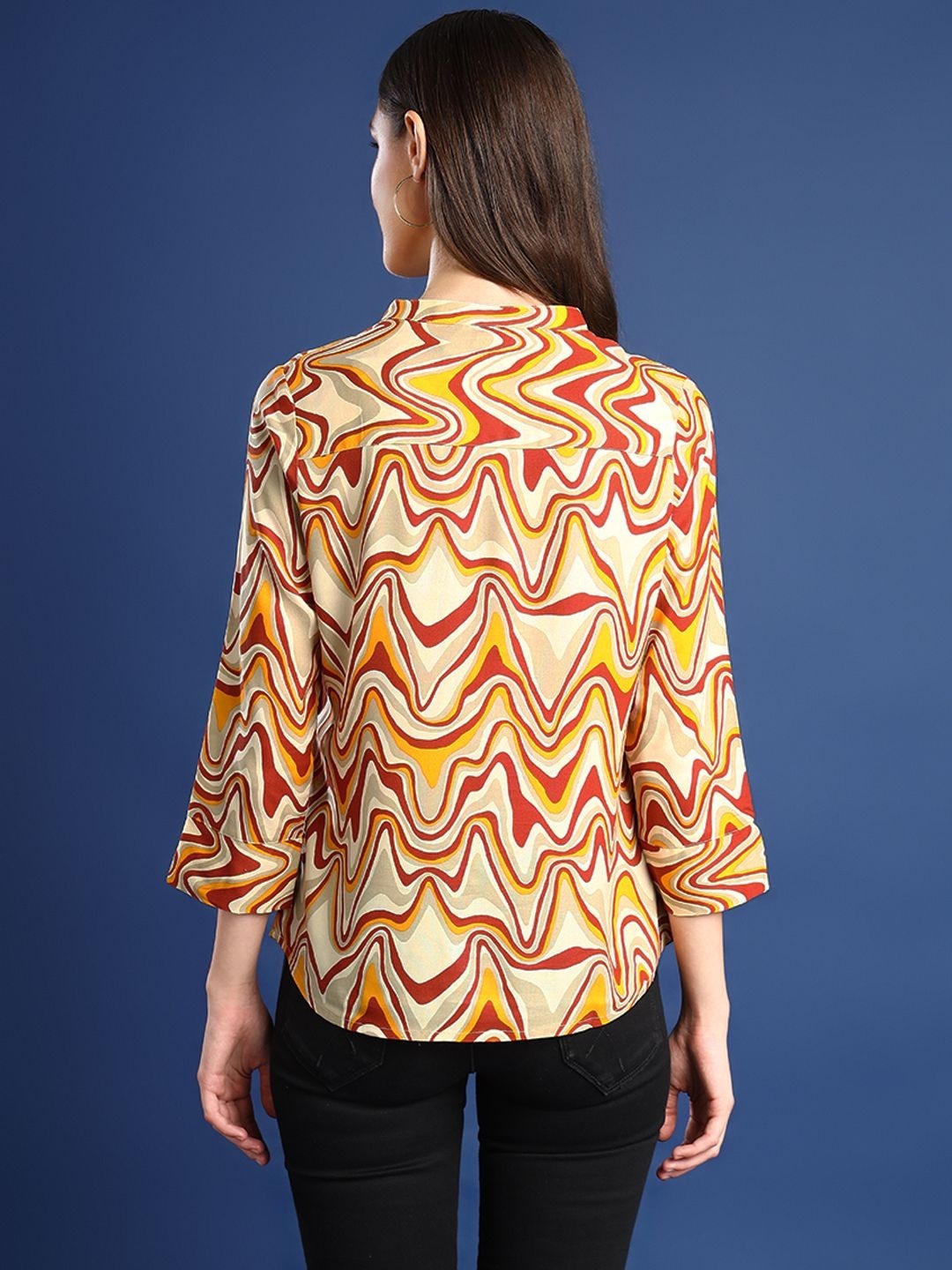 Hancock Women Cream-Mustard Printed Viscose Rayon Regular Fit Formal Top