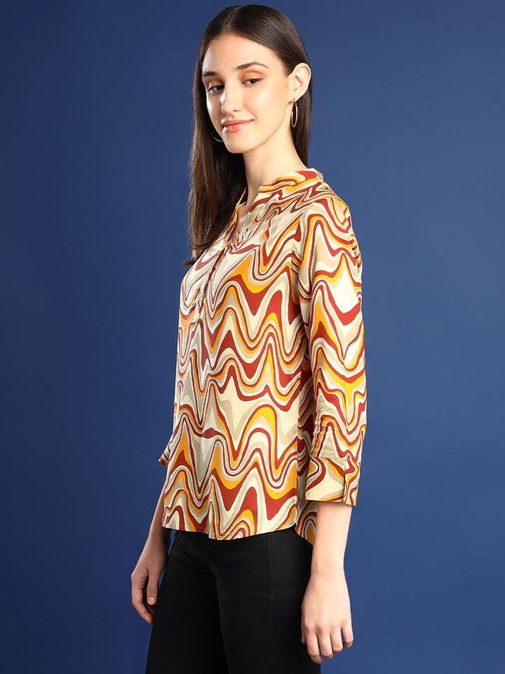 Hancock Women Cream-Mustard Printed Viscose Rayon Regular Fit Formal Top