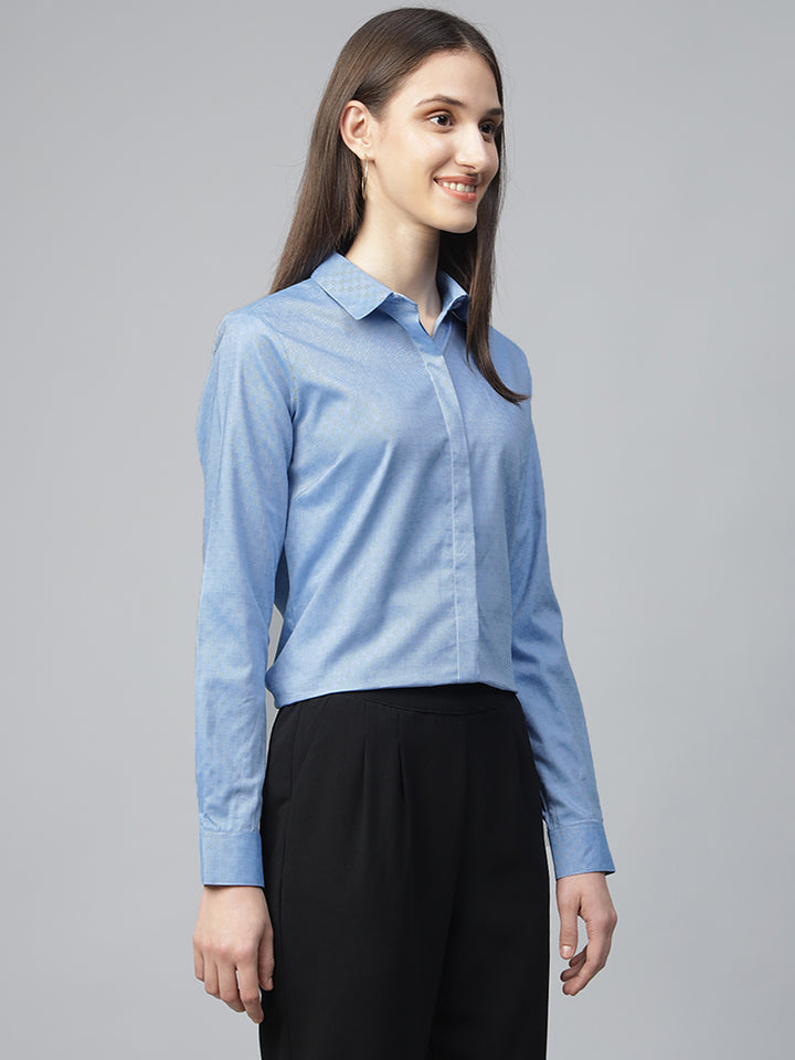 Women Blue Solid Pure Cotton Regular Fit Formal Shirt