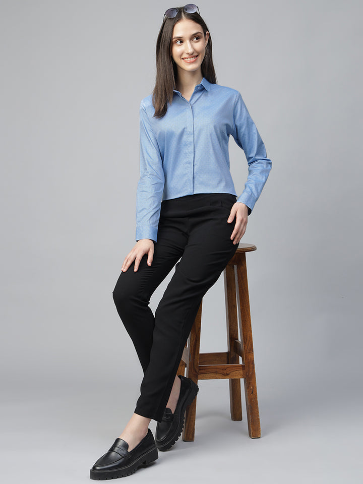 Women Blue Solid Pure Cotton Regular Fit Formal Shirt