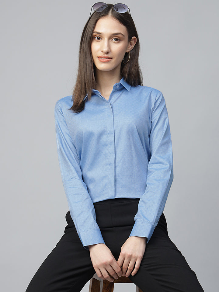 Women Blue Solid Pure Cotton Regular Fit Formal Shirt
