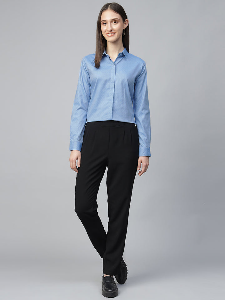 Women Blue Solid Pure Cotton Regular Fit Formal Shirt
