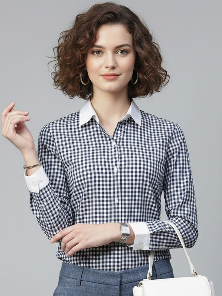 Women White-Navy Checked Pure Cotton Regular Fit Formal Shirt