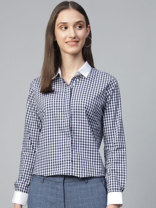 Women White-Navy Checked Pure Cotton Regular Fit Formal Shirt
