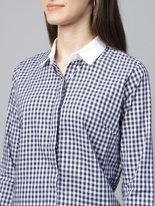 Women White-Navy Checked Pure Cotton Regular Fit Formal Shirt