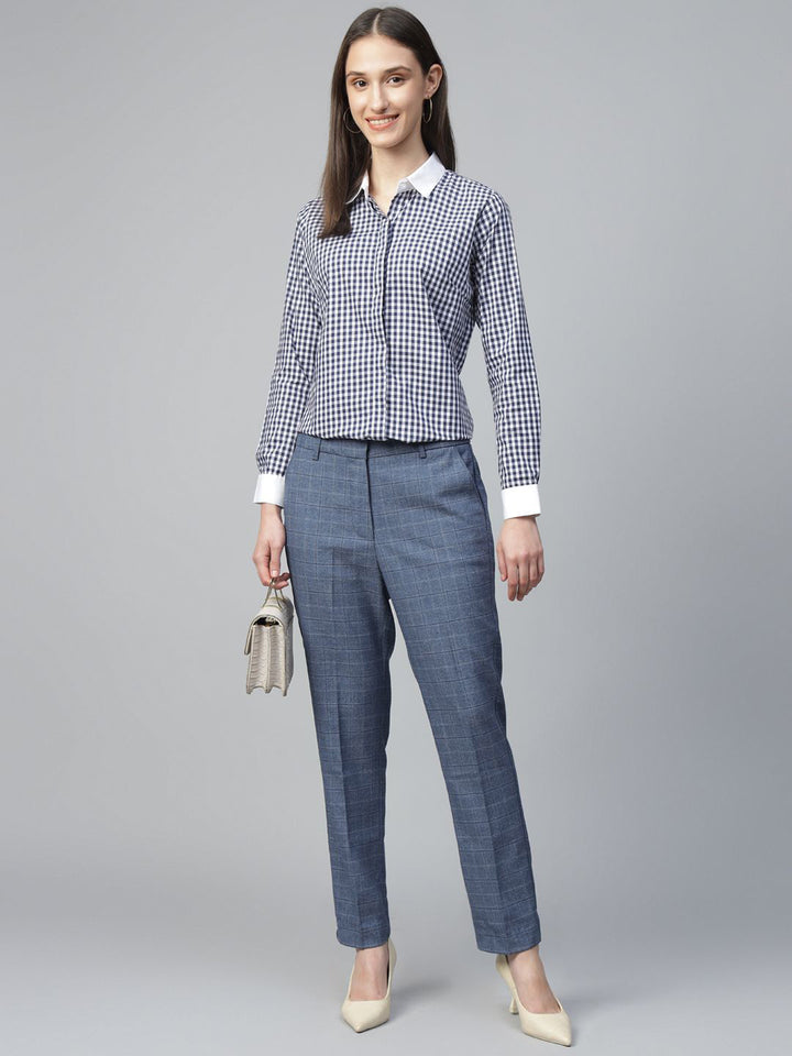 Women White-Navy Checked Pure Cotton Regular Fit Formal Shirt