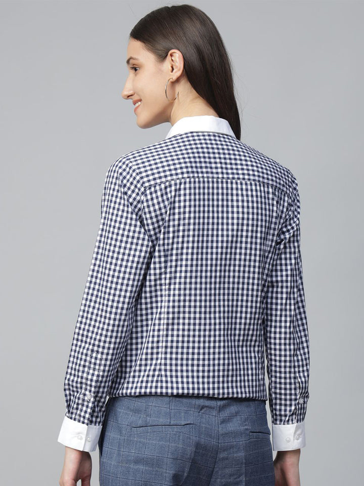 Women White-Navy Checked Pure Cotton Regular Fit Formal Shirt