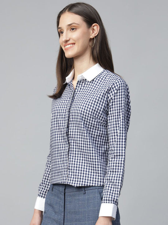 Women White-Navy Checked Pure Cotton Regular Fit Formal Shirt