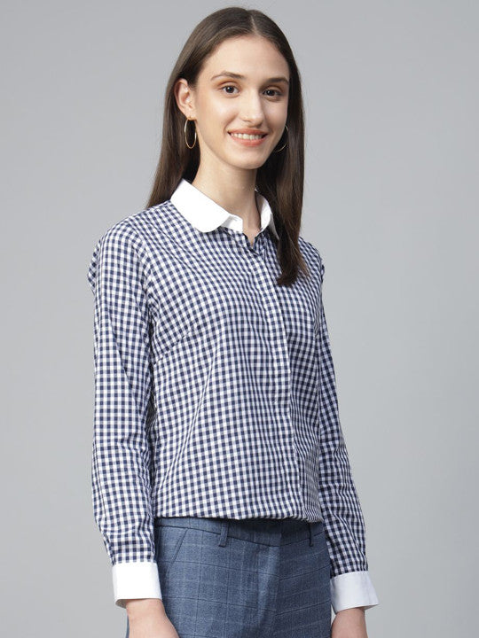 Women White-Navy Checked Pure Cotton Regular Fit Formal Shirt