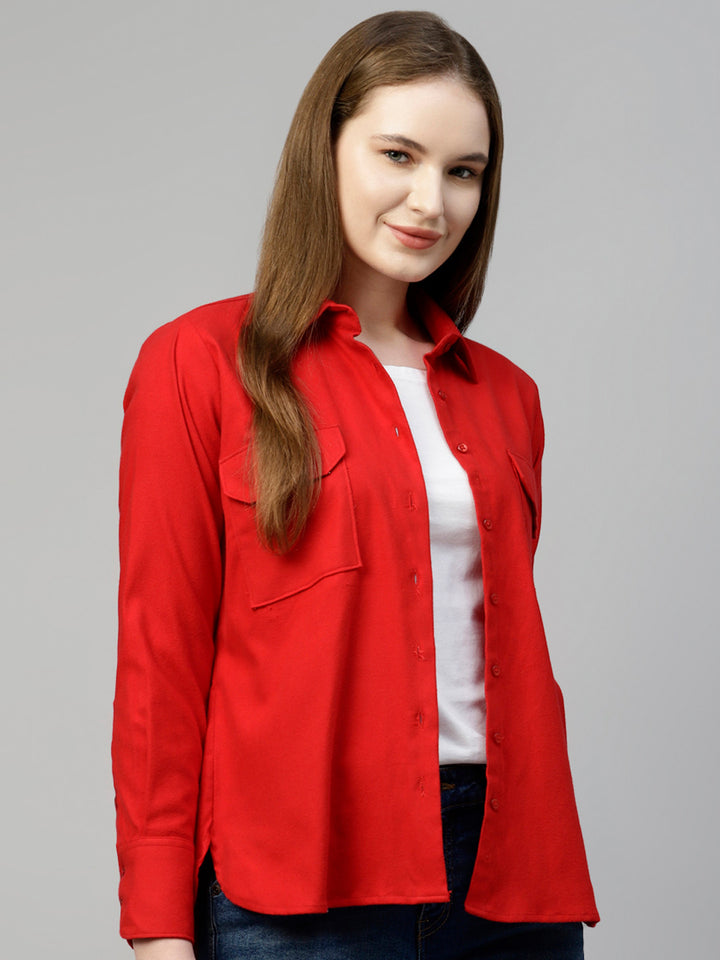 Women Red Solid Pure Cotton Relaxed Fit Casual Shirt