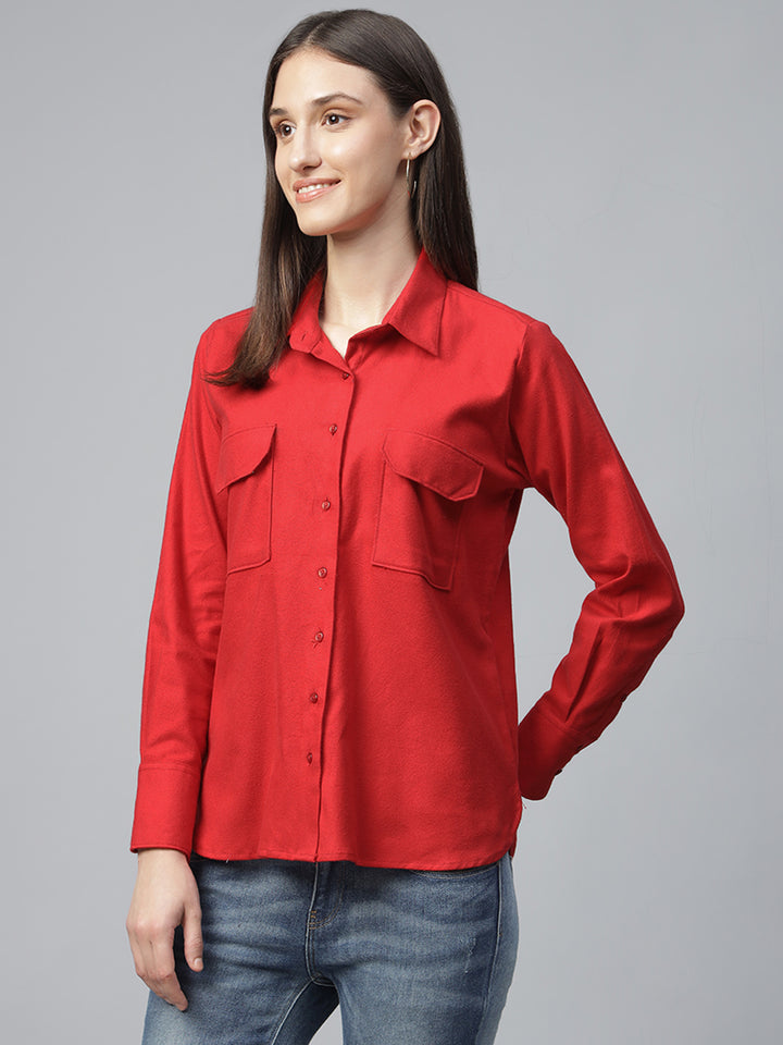 Women Red Solid Pure Cotton Relaxed Fit Casual Shirt