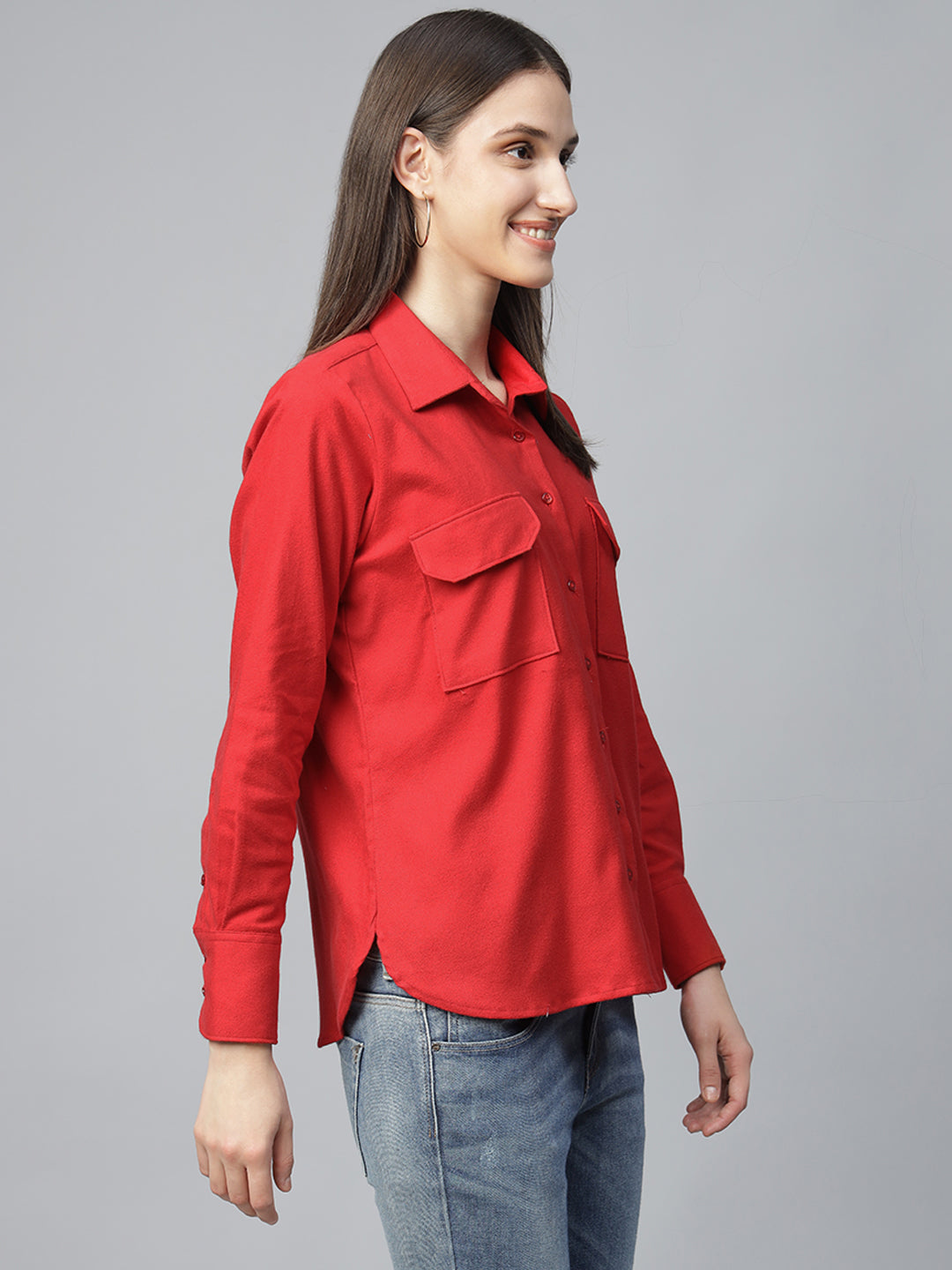 Women Red Solid Pure Cotton Relaxed Fit Casual Shirt