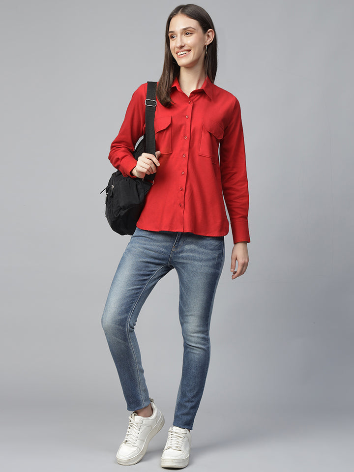 Women Red Solid Pure Cotton Relaxed Fit Casual Shirt