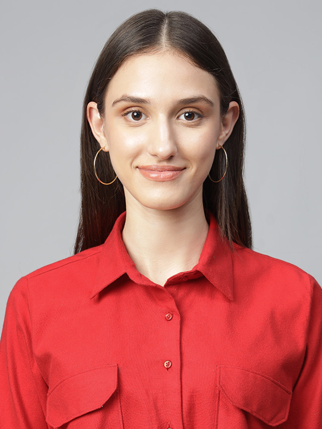 Women Red Solid Pure Cotton Relaxed Fit Casual Shirt