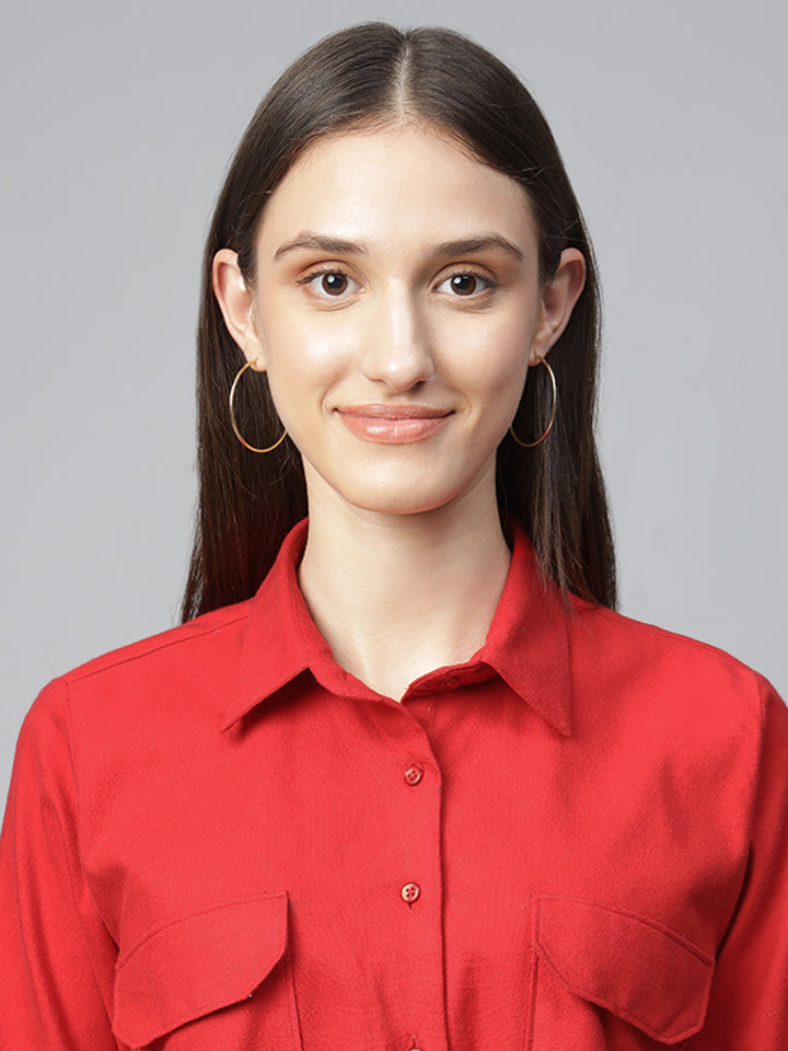 Women Red Solid Pure Cotton Relaxed Fit Casual Shirt