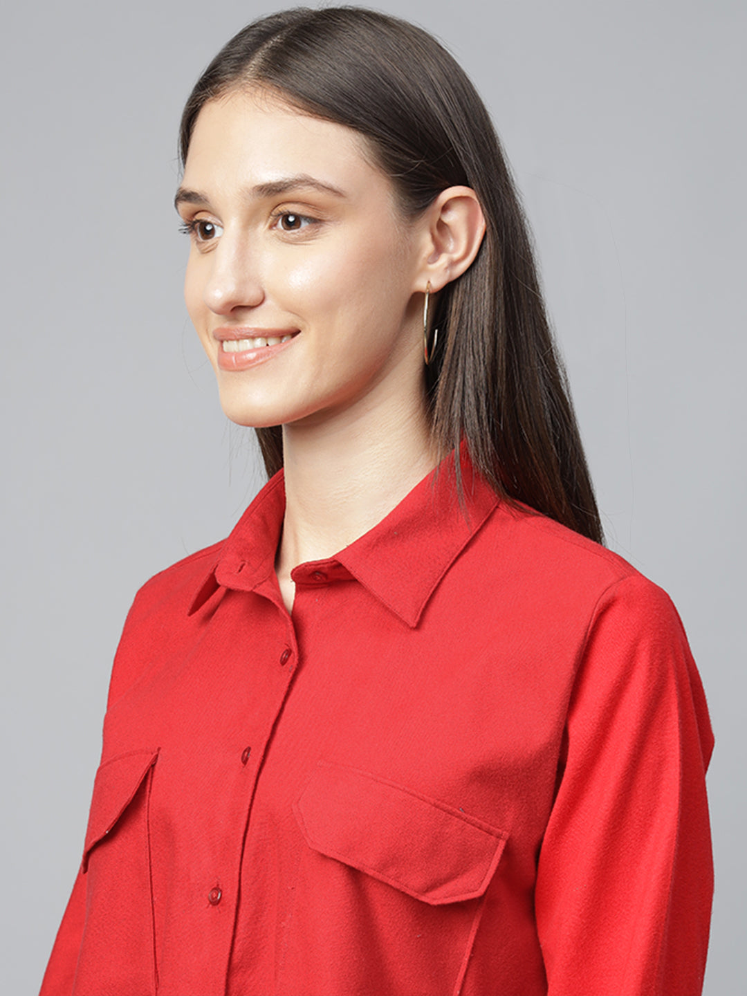 Women Red Solid Pure Cotton Relaxed Fit Casual Shirt
