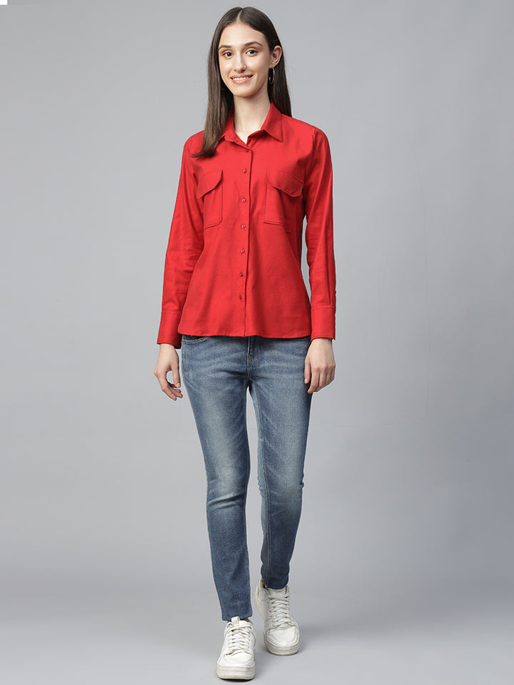Women Red Solid Pure Cotton Relaxed Fit Casual Shirt