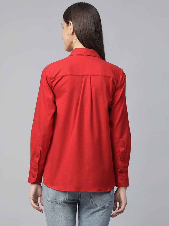 Women Red Solid Pure Cotton Relaxed Fit Casual Shirt