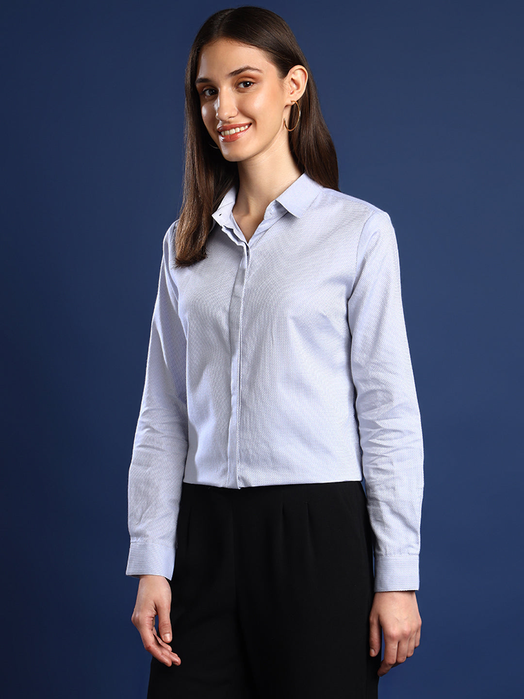 Women Light Grey Solid Pure Cotton Regular Fit Formal Shirt