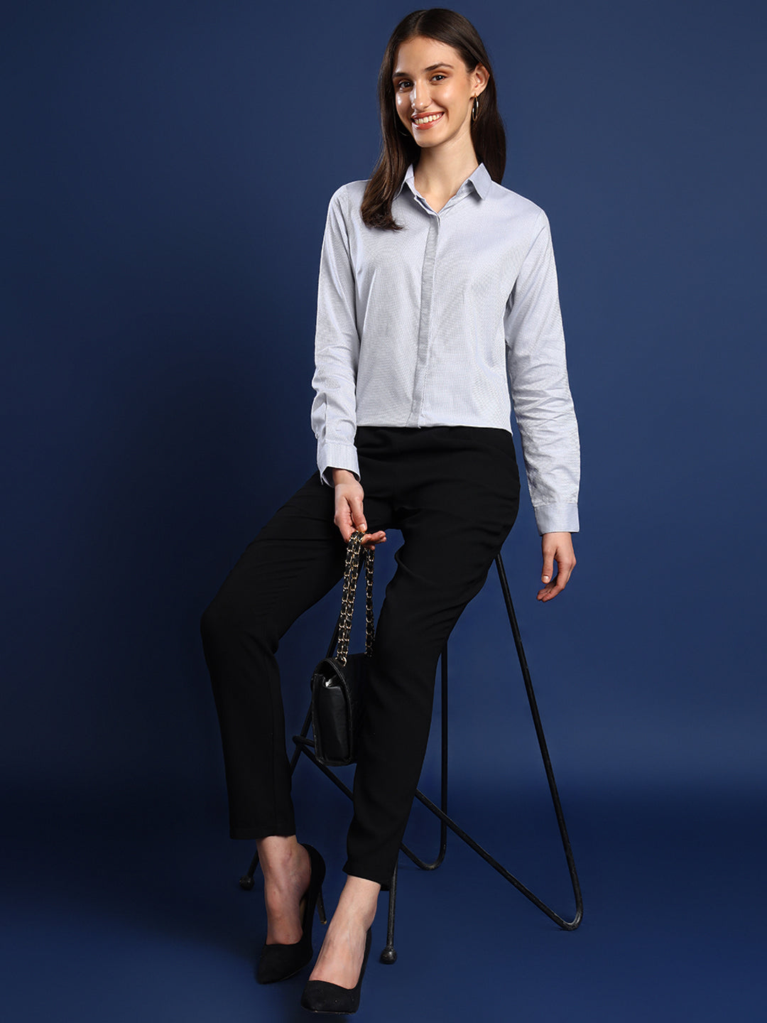 Women Light Grey Solid Pure Cotton Regular Fit Formal Shirt