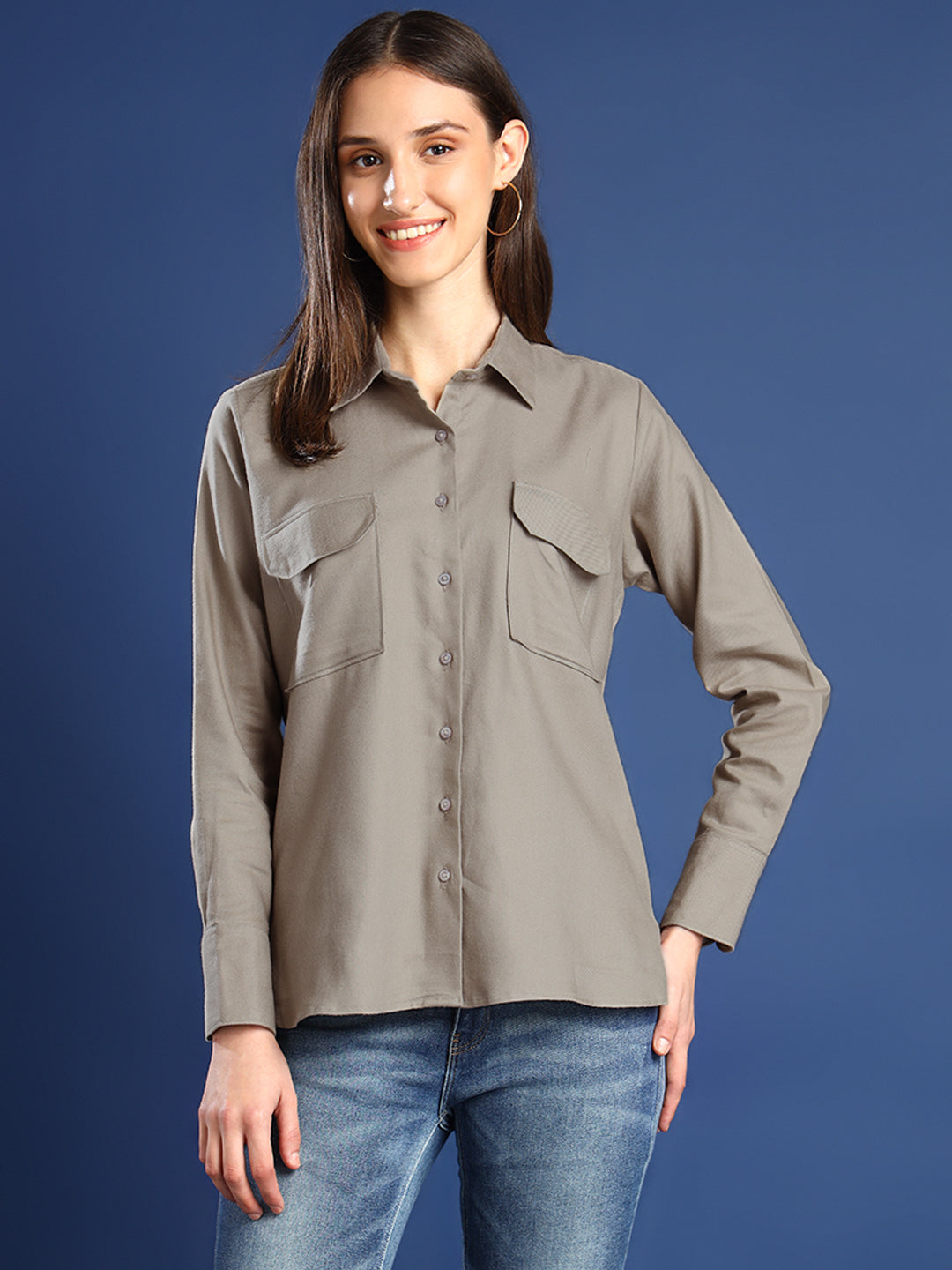 Women Beige Solid Pure Cotton Relaxed Fit Casual Shirt