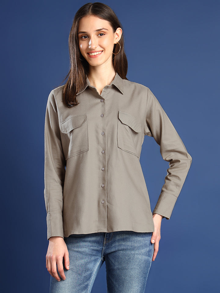 Women Beige Solid Pure Cotton Relaxed Fit Casual Shirt