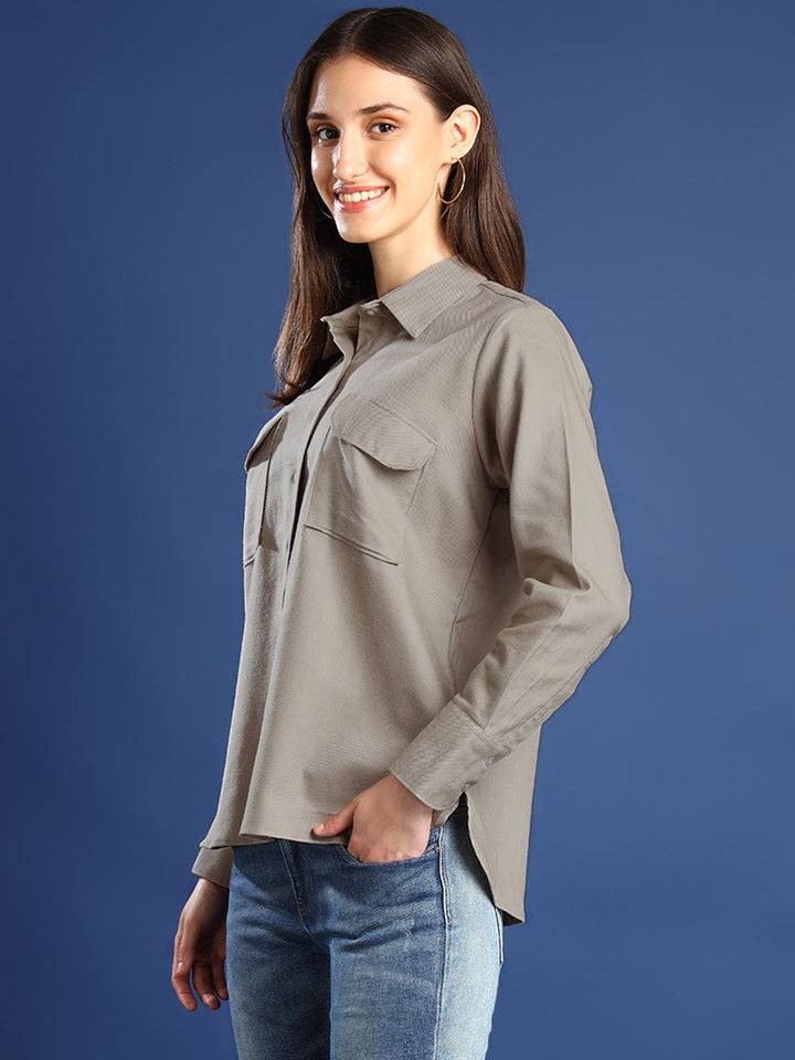 Women Beige Solid Pure Cotton Relaxed Fit Casual Shirt